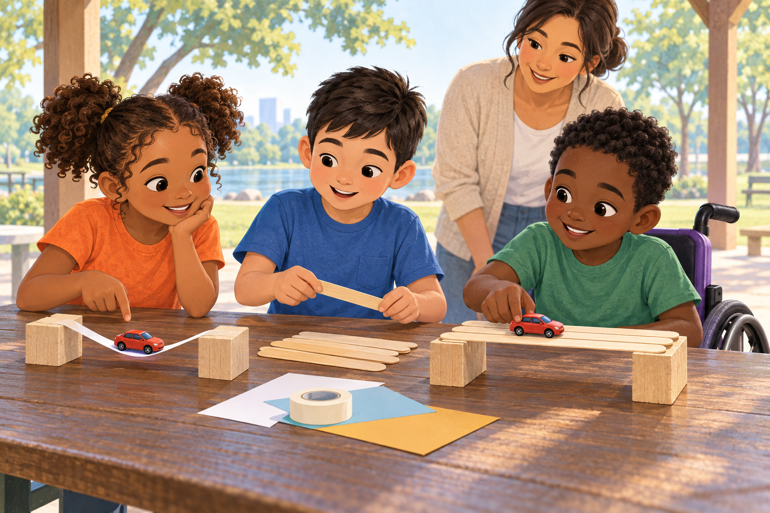 Three children build and compare toy bridges at an accessible park table.