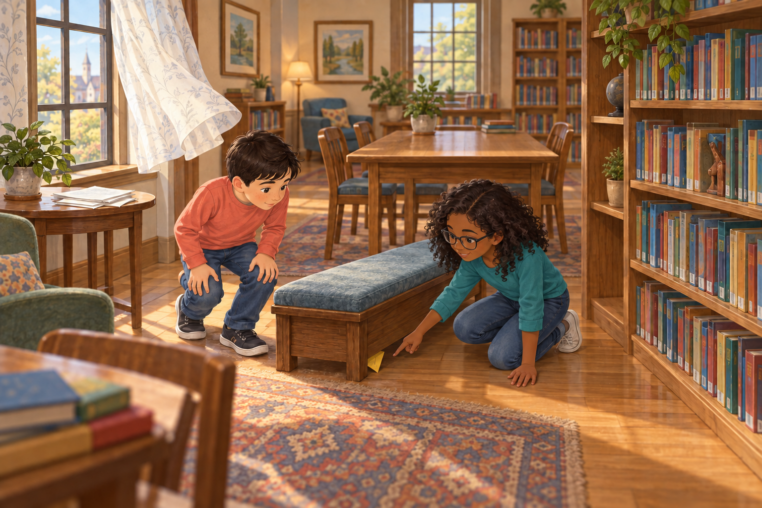 Two children find a yellow paper clue under a library bench.